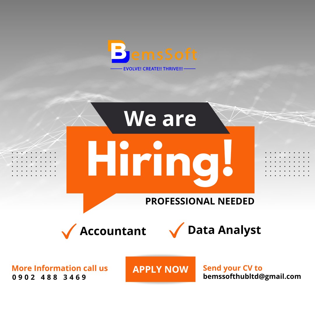 BemsSofthub's tweet photo. We’re on the move and need you with us! BemsSoft Hub Ltd is hiring Accountant & Data Analyst to join our amazing team. Ready to ride with us?
Apply now! #WeAreHiring #BemsSoft https://t.co/RuWkTSyB9E