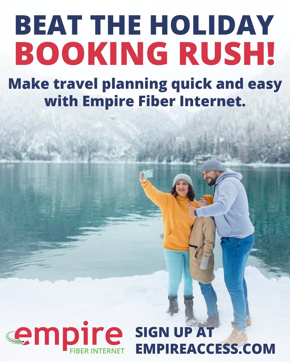 Planning your winter escapes? ❄️✈️
Make your travel plans quickly with Empire Fiber Internet! With ultra-fast speeds and reliable connections, planning your holiday adventures has never been easier.
Stay connected. Plan smarter. Travel happier.

#EmpireFiberInternet #TravelPlans