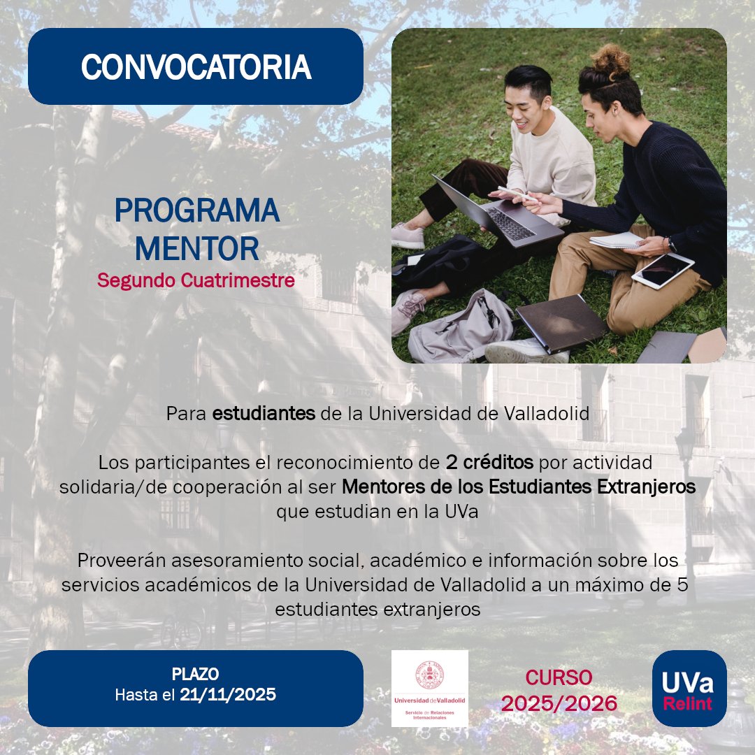Disponible la Resolución de Participación de la Convocatoria del Segundo Cuatrimestre del Programa Mentor para Estudiantes de la Universidad de Valladolid durante el curso 2025/2026

ℹ️ tinyurl.com/Programa-Mentor

<a href="/UVa_es/">Gabinete de Comunicación Universidad de Valladolid</a>