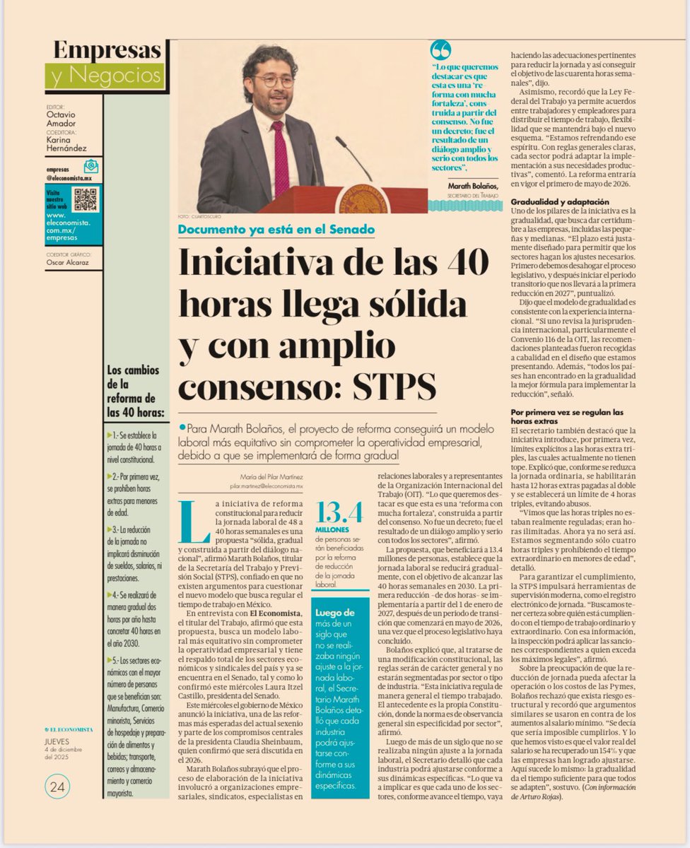 ¿Cuál es la fortaleza de la iniciativa de reforma para reducir a 40 horas? El titular del Trabajo afirma que EL CONSENSO… a ver dicen los partidos