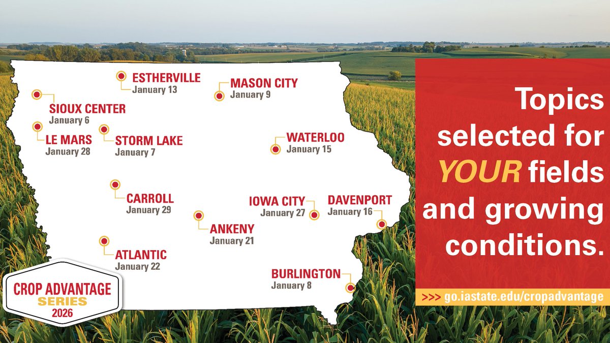Registration is officially open for our Crop Advantage Series meetings coming up in January 2026! Register today to attend any of the 12 locations across the state, with each program tailored to local needs. Learn more: go.iastate.edu/cropadvantage. #ISUCrops