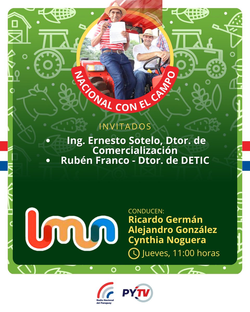 Hoy en #NacionalConElCampo con <a href="/RicardoGerman_/">Ricardo Germán</a> y Cynthia Noguera nos visitan el 🗣️Ing. Ernesto Sotelo, director de Comercialización del MAG para hablarnos de las ferias y de nuevos rubros y el 🗣️Lic. Rubén Franco, director de TIC del MAG nos comenta sobre el Mercado Digital