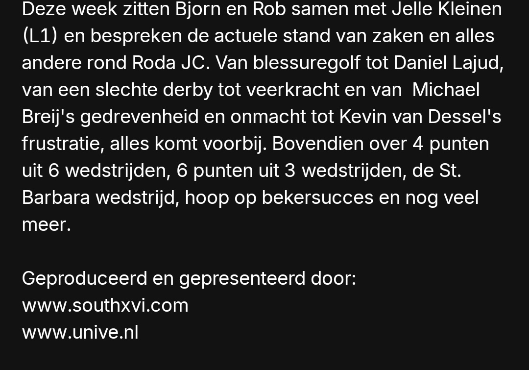 #rodajc Deze week een actuele aflevering van the Voice of Kaalhei,waarin de altijd gevoelige <a href="/BJegers/">Bjorn Jegers</a> <a href="/JelleKleinen/">Jelle Kleinen</a> Chef Sport van l1 en last but not least Rob Fransen van <a href="/southXVI/">XVI</a> hun licht laten schijnen op het Roda van dit moment,met alle blessures. Zeker de moeite waard