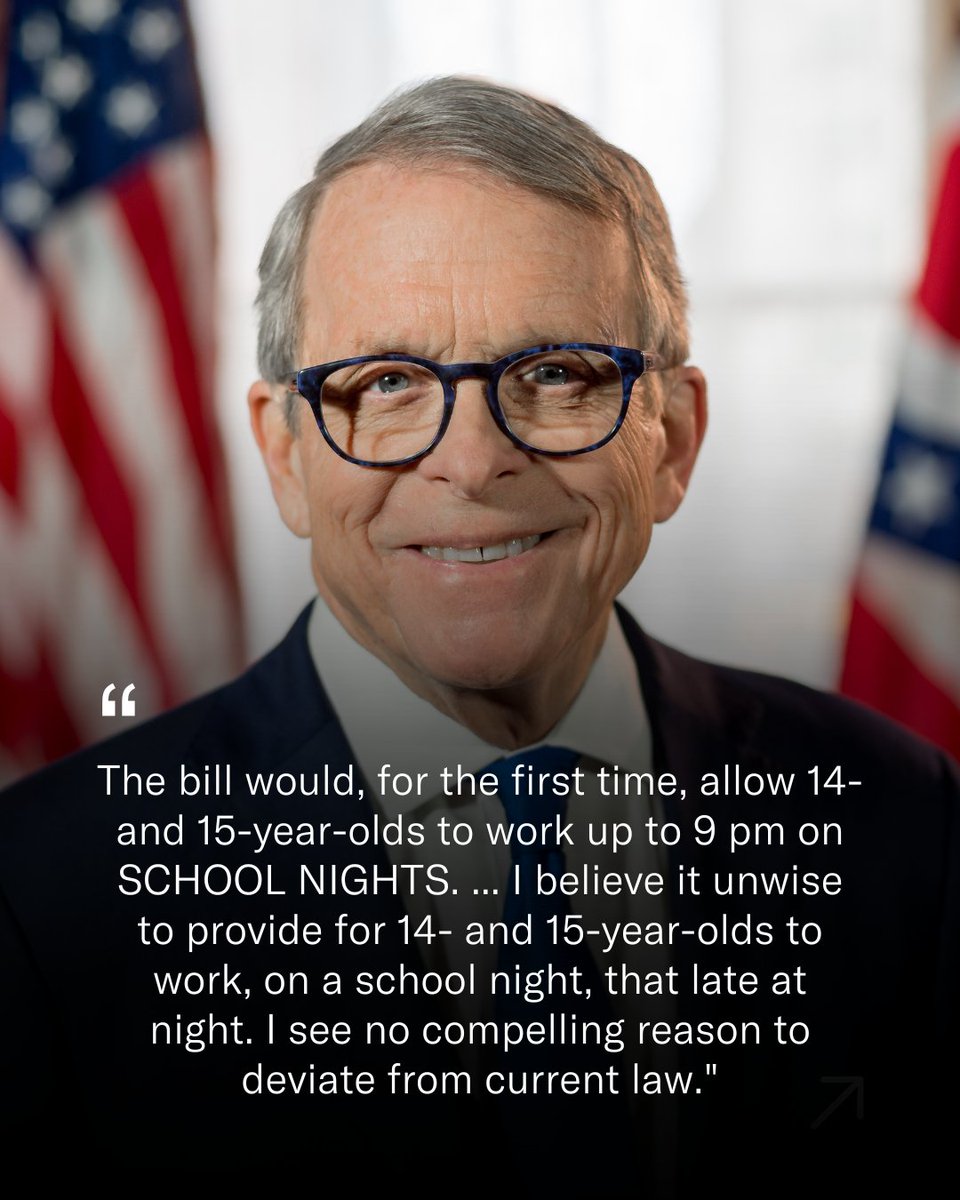 NEWS UPDATE: Gov. Mike DeWine overnight Wednesday vetoed a bill to expand youth work hours, stating that he finds "no compelling reason to deviate from current law."

bit.ly/4oCQ79D
