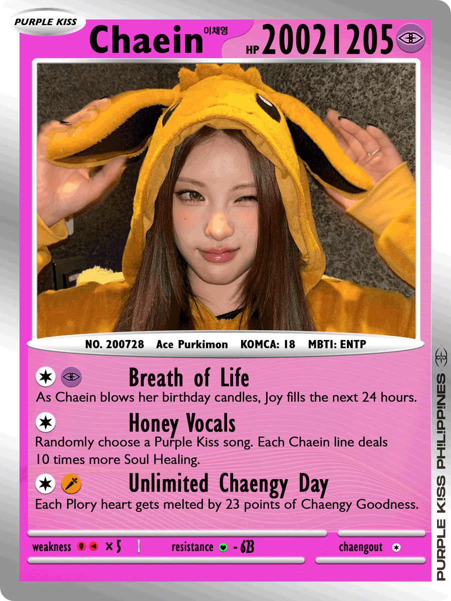 [🎉] Happy birthday to our powerful all-rounder, #CHAEIN!

May life always bring joy to you, the same way your gifts always bring joy to PLORYS. Enjoy your day! 🩷🌬️

#BreatheInWithChaein
#ForeverOurChaengy
#채영이는_나를_숨쉬게_해 
#PURPLE_KISS #퍼플키스 #채인
<a href="/eoseowaebwara/">채인</a>