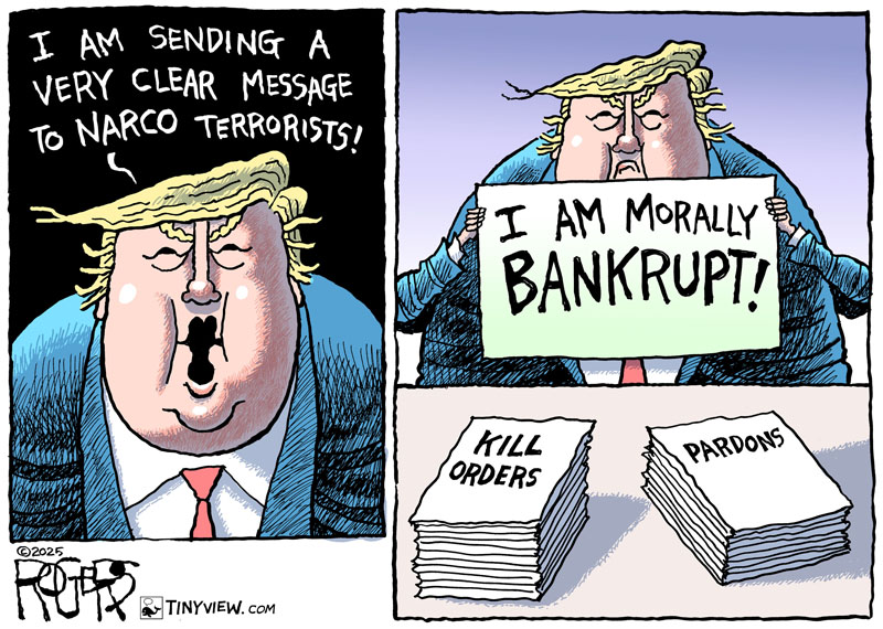 Trump murders suspected drug runners, yet, he pardons a man responsible for importing 400 tons of cocaine to this country. And they say Biden is mentally impaired?! #Trump #Honduras #Narcos #Venezuela #Hernandez #Hegseth #WarCrimes <a href="/TinyviewComics/">Tinyview Comics</a>