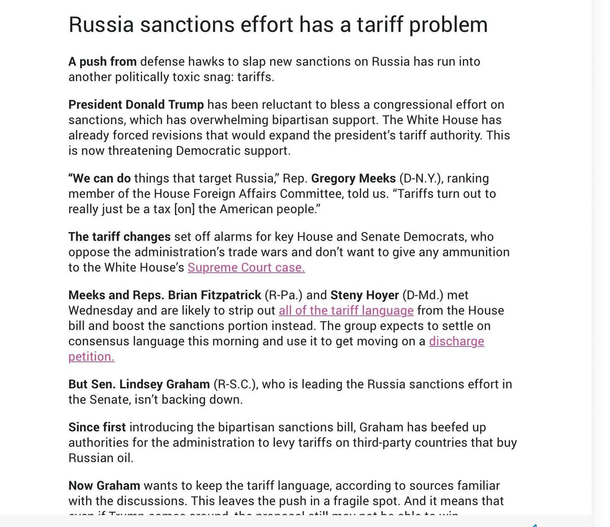 Trump and Republicans are trying to use the Russia sanctions bill to give Trump free reign on tariffs and thus do an end run around the Supreme Court…

h/t <a href="/DrBenJamminK/">Dr. A. B. K.</a>