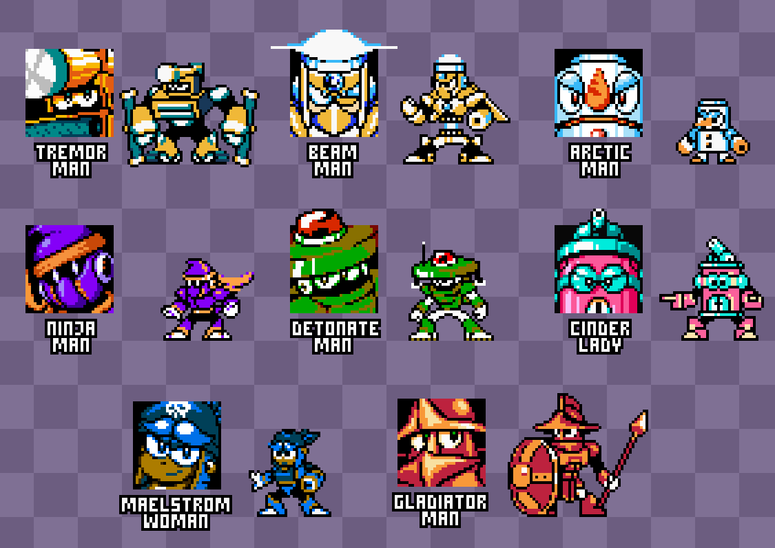 For those that don't know--I'm the art lead for an upcoming fangame project called Mega Man W, and progress is going great. Here are all of the main robot masters that will be in the game, with their finalized mugshots!

Who's your favorite?
