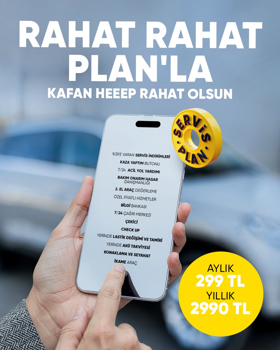 Rahat Rahat Plan, ayda sadece 299 TL!

30 yıla yaklaşan tecrübesiyle bireysel aracınızın yönetimini işin profesyoneli, Servis Plan’a bırakın.

Servis Plan mobil uygulamasını indirmek için hemen tıkla: 
👉 onelink.to/servisplan

#ServisPlan #AracınaDairHerŞey