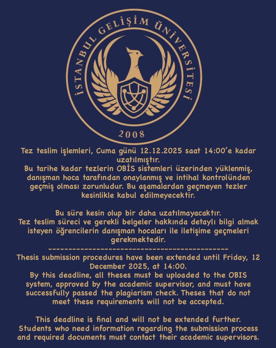 Tez teslim işlemleri, Cuma günü 12.12.2025 saat 14:00’e kadar uzatılmıştır.

---------------------------------------------
Thesis submission procedures have been extended until Friday, 12 December 2025, at 14:00.