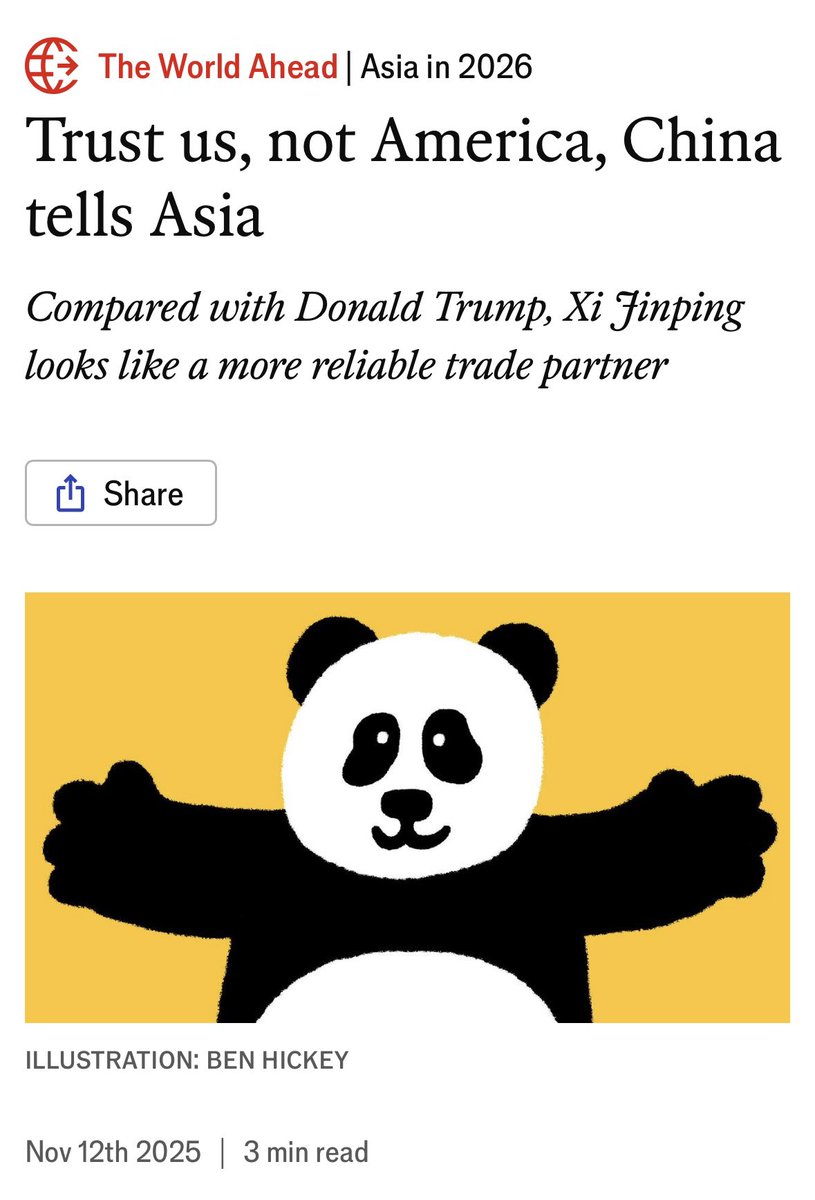The Economist: "Compared with America, China looks like a far more reliable economic partner."

Read China's plans - like the 15th Five-Year Plan outline - and you'll see clear goals and a clear path forward.

Predictable. Stable. Reliable.