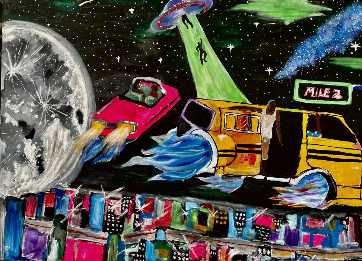 Alexis59068082's tweet photo. Lagos, but make it intergalactic. Chaos, dreams, and survival in one frame.

Where dreams race toward the moon and survival rides a flying danfo.

Besides, If you’ve survived Lagos traffic, outer space is nothing. https://t.co/rpaIEx2v5v