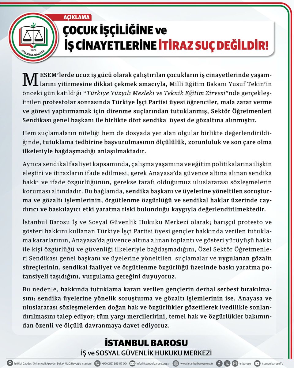ÇOCUK İŞÇİLİĞİNE ve İŞ CİNAYETLERİNE İTİRAZ SUÇ DEĞİLDİR!