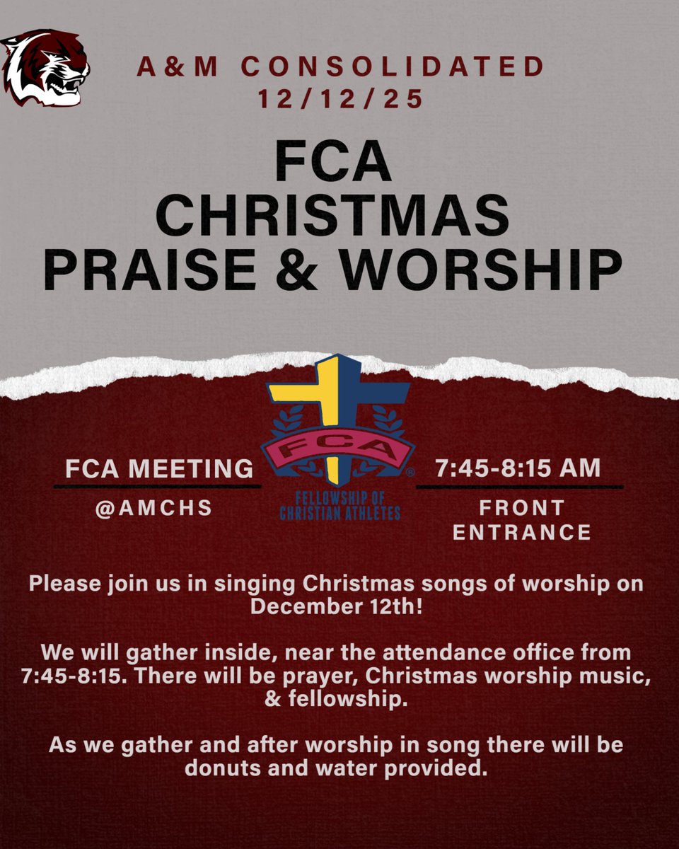 GolfAmc's tweet photo. 12/12/25 - Come join The Fellowship of Christian Athletes in a morning of Christian Christmas songs and fellowship! Donuts and water provided as well. https://t.co/7M0vBe6o3a