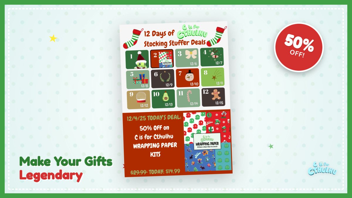 CisforCthulhu's tweet photo. Hey hey, holiday monsters! 🎁 CTHULHU just SLASHED prices; Wrapping Paper Kit is 50% OFF! Make your gifts spooky &amp; magical. Don’t wait, this deal ends soon! ⏰ Get yours: https://t.co/QKJ9Xv3buJ https://t.co/zmtjn5DZvV