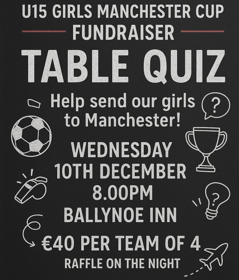 SpringfieldRam1's tweet photo. Our U15 Girls are hosting a Table Quiz in Ballynoe Inn on Wednesday 10th December at 8.p.m. Bring a team of four for €40 and enjoy a great night of questions, fun, and a raffle with brilliant prizes. Your support helps the girls on their way to the Manchester Cup next April https://t.co/ssypYcoNmx