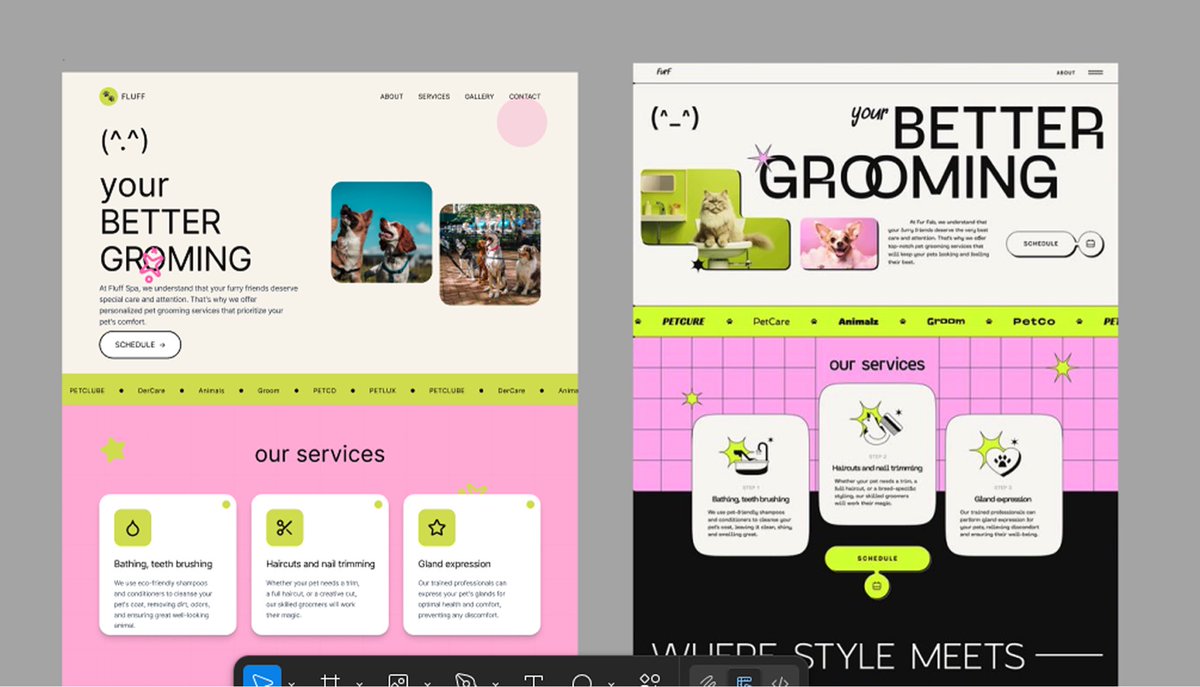 eke_ng_'s tweet photo. Turned this Pinterest pet grooming inspo into this playful redesign using  #Figmamake

How would you rate this #figmamake prompt output? Which design is better?

#FigmaDesign #PetGrooming #UIredesign https://t.co/ZhsN1Ptkgv