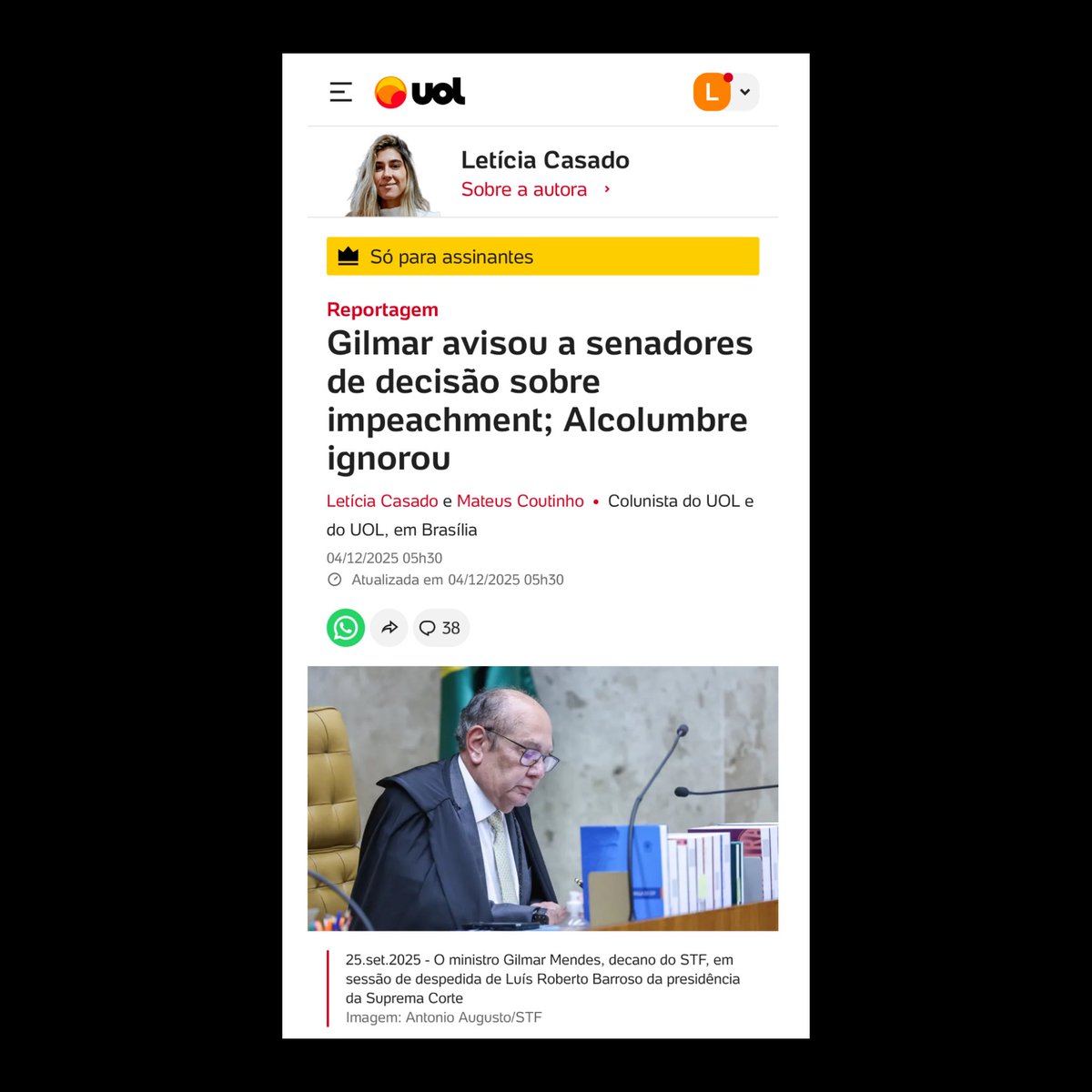 Gilmar Mendes avisou a senadores que decidiria pela mudança no rito de impeachment de magistrados da Corte. Ele tentou contato com Davi Alcolumbre para falar do tema, mas o parlamentar não atendeu ligação do ministro, apurou a coluna

Assista aqui: 
youtu.be/tFXBUaH670A?si…