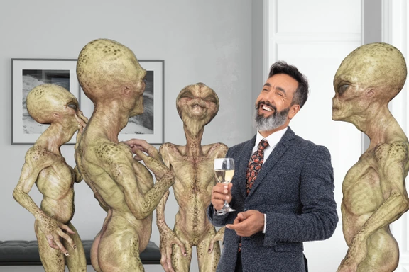 ConsumablePete's tweet photo. BREAKING: President Blopar meets with Alien Invaders, proclaims "These are my people!" https://t.co/Yy0sOWLQWb