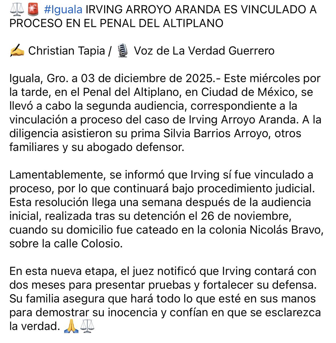 casoirving's tweet photo. ESTO TODAVÍA NO TERMINA! SEGUIMOS DE PIE BUSCANDO LA VERDAD PARA LA LIBERTAD DE IRVING! 

FUERZA Y JUSTICIA! https://t.co/8bXerHFWIE