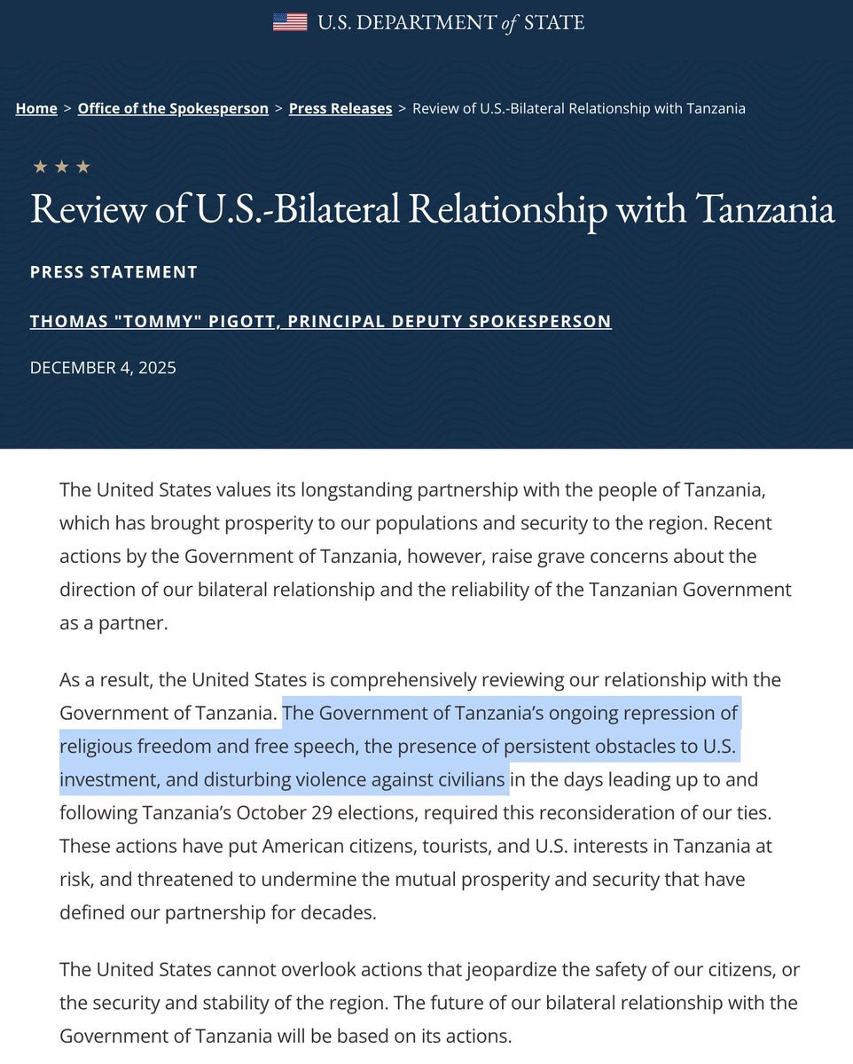 MAREKANI WAMETOA TAMKO DHIDI YA DIKTETA JIKE.

Marekani imeanza kuchunguza upya uhusiano wake na Serikali ya Tanzania kwa sababu:

•Serikali ya Tanzania inakandamiza uhuru wa dini na uhuru wa kuongea.

•Kuna vikwazo vinavyowazuia wawekezaji wa Marekani.

•Kuna vurugu dhidi ya