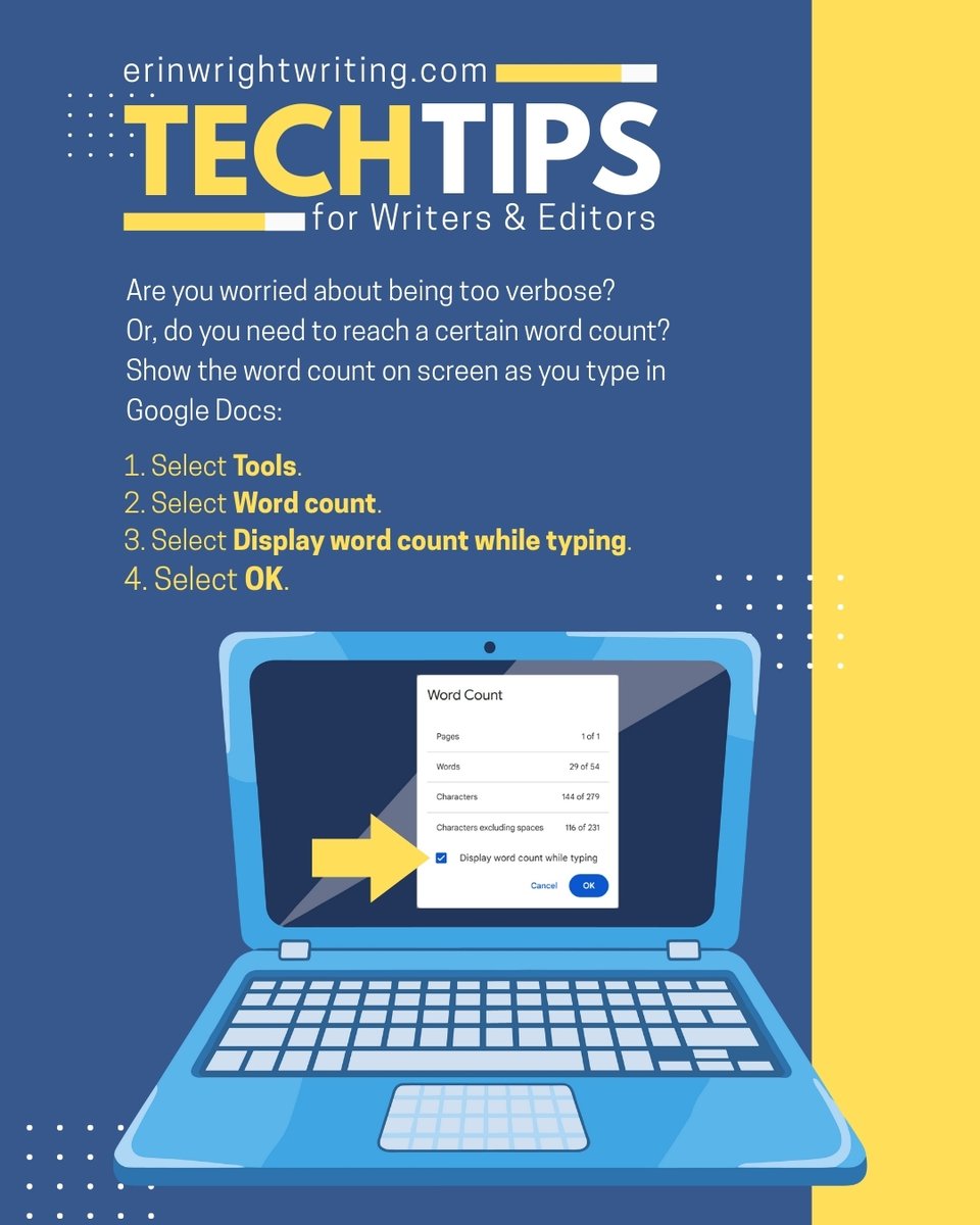 ErinWrightEdit's tweet image. Are you worried about being too verbose? Or, do you need to reach a certain word count? Show the word count on screen as you type in Google Docs.
#techtips #googledocs #writingcommunity #amwriting #amediting