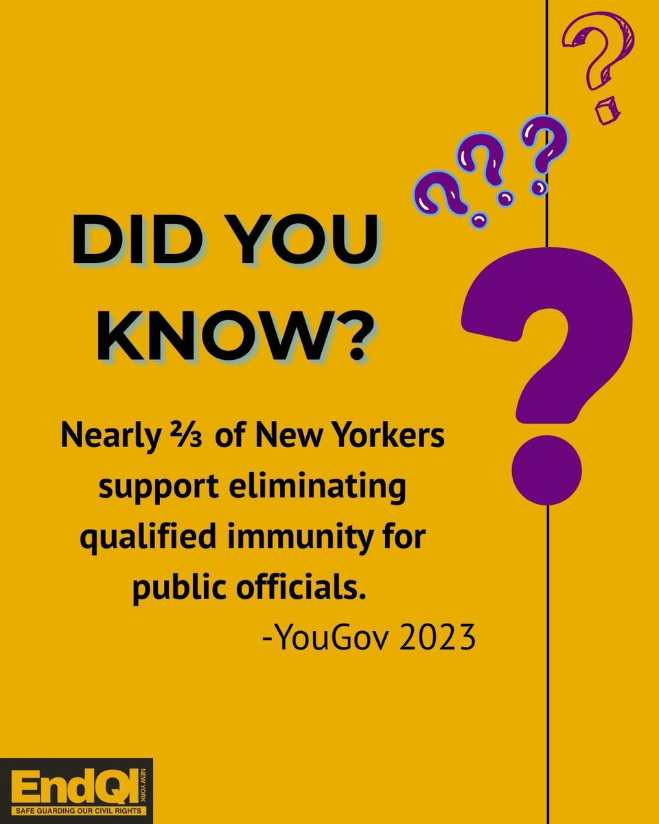 Ending qualified immunity for public officials is overwhelmingly popular in New York State. But our elected leaders have yet to take action to give New Yorkers a way to hold those public officials who violate our rights accountable. 

#EndQINY #SafeguardingOurRights