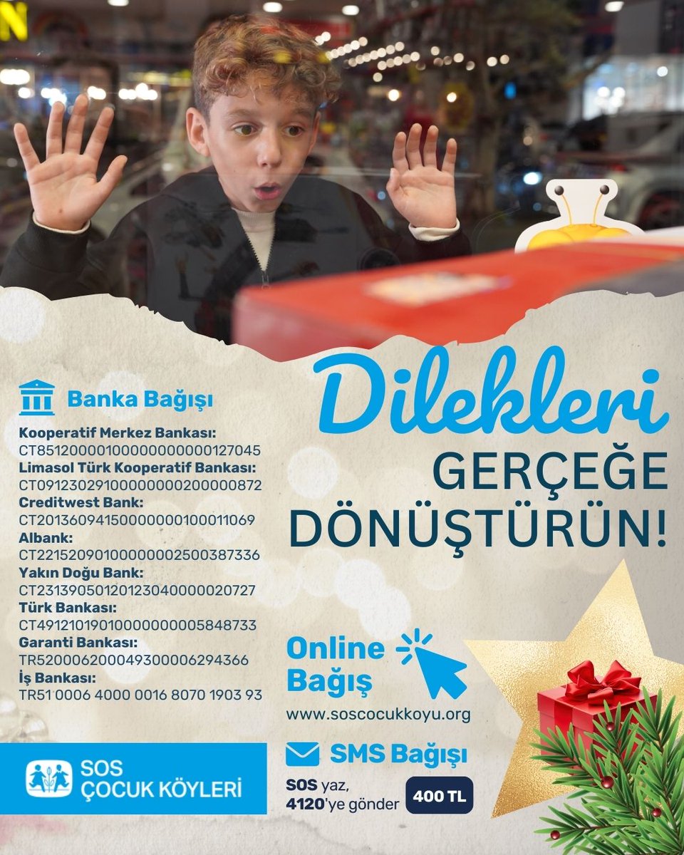 CocukSOS's tweet photo. ✨ Yeni yıl yaklaşırken bir çocuğun dileğine ışık ol!
DİLEKLERİ GERÇEĞE DÖNÜŞTÜRÜN
📲 SOS yaz, 4120’ye gönder – 400 TL
🌐 https://t.co/UlhsJ9Yvqv
🏦 Banka Yoluyla: Tüm banka hesaplarımız 👇
📌 Elden Bağış: SOS Çocukköyü Derneği'ne gelerek bağış yapabilirsiniz.
📞  0548 830 04 59 https://t.co/G8t3gZk1jn