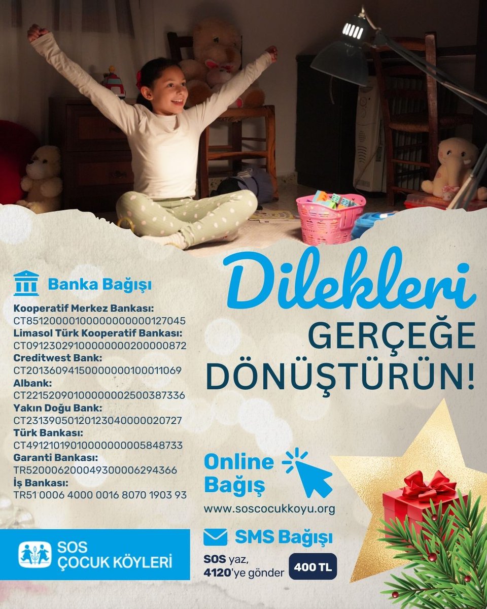 CocukSOS's tweet photo. ✨ Yeni yıl yaklaşırken bir çocuğun dileğine ışık ol!
DİLEKLERİ GERÇEĞE DÖNÜŞTÜRÜN
📲 SOS yaz, 4120’ye gönder – 400 TL
🌐 https://t.co/UlhsJ9Yvqv
🏦 Banka Yoluyla: Tüm banka hesaplarımız 👇
📌 Elden Bağış: SOS Çocukköyü Derneği'ne gelerek bağış yapabilirsiniz.
📞  0548 830 04 59 https://t.co/G8t3gZk1jn
