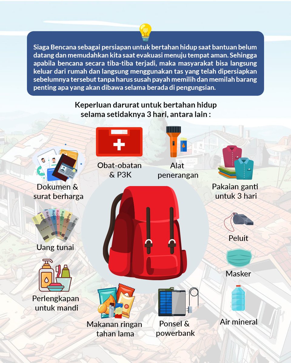 #SahabatWantimpres, kesiapsiagaan menghadapi bencana perlu dimulai dari rumah. Tas Siaga Bencana berisi dokumen penting, obat-obatan, air, makanan, senter, peluit, uang tunai, pakaian, dan powerbank, sehingga keluarga dapat segera bertindak saat keadaan darurat.
#TasSiagaBencana