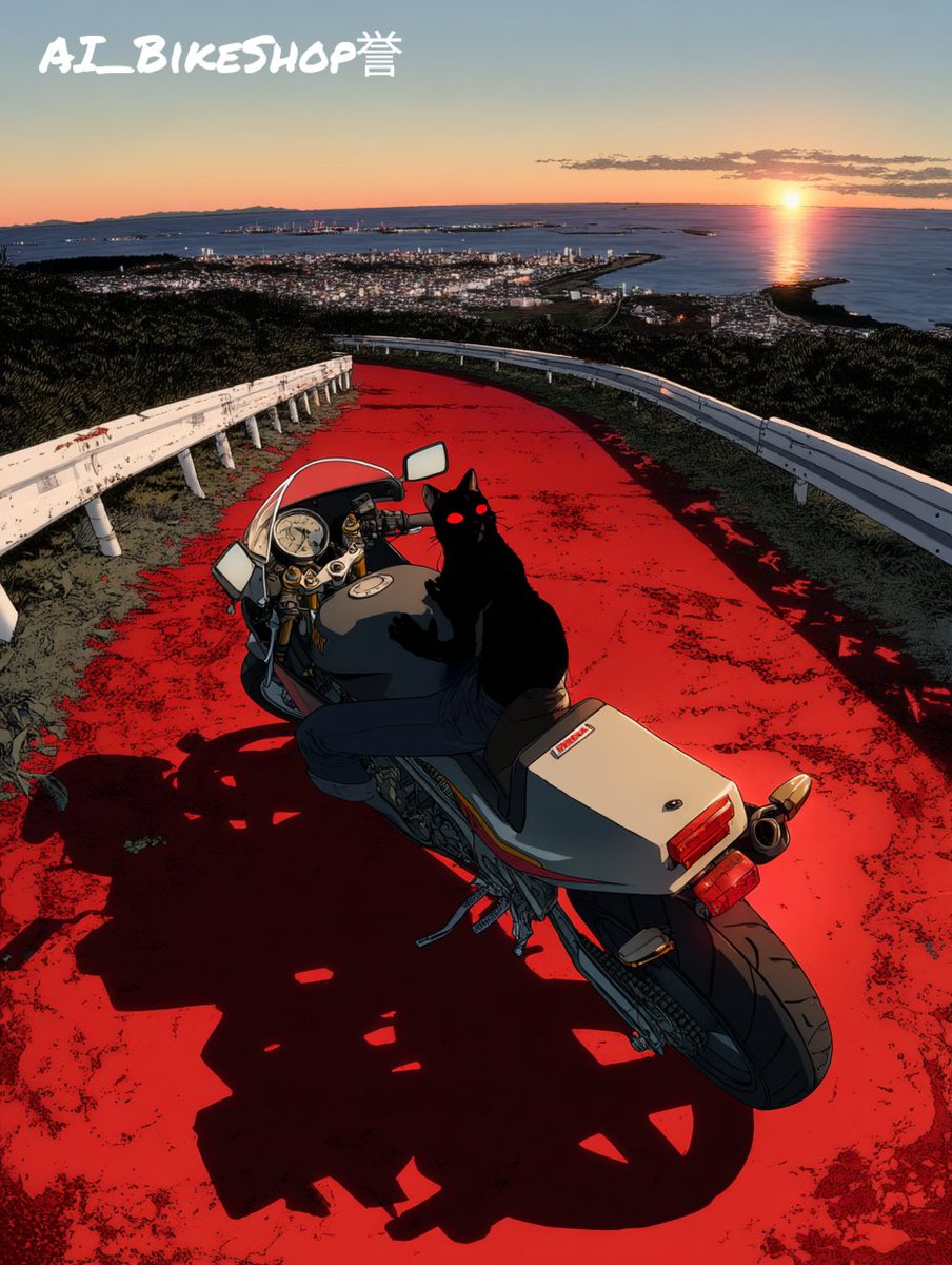 #AI_BikeShop
#AIart
☃️八十八夜商店街の西
あるソロライダーの
ツーリングスタイル🏍️

瀬戸内海が見える県道の朝🌄
黒猫の名前は『ねこ』🐱
クロとは名付けなかった。

寒い冬の野外の寝袋に共に入ると、暖かくて暖房がいらない。

荷物はバックパック一つ。
今日は『クロ』と下関まで走ろう😽