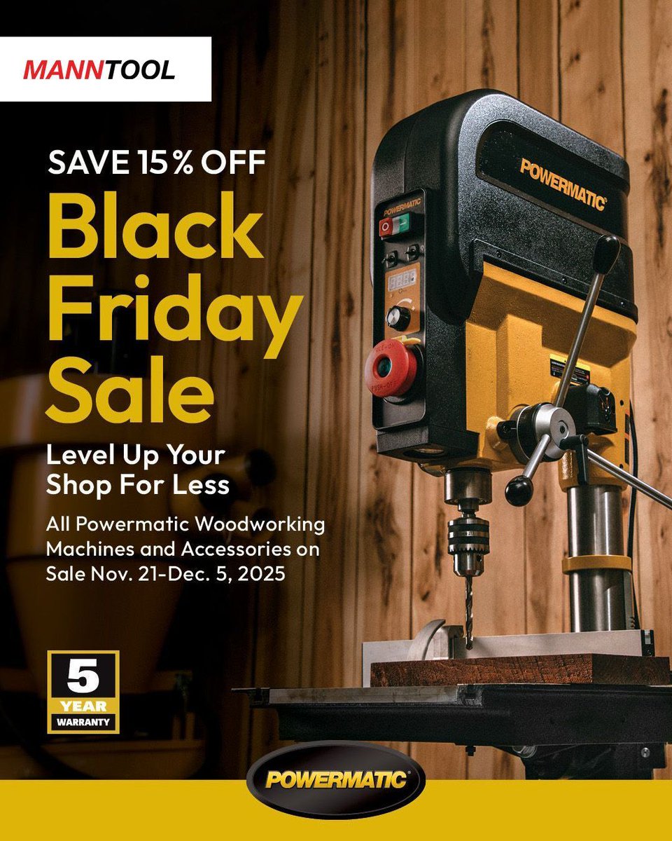 POWERMATIC = 15% OFF 💪until TOMORROW only at Mann Tool. Time to go big. #Powermatic #WoodworkingDeals 
buff.ly/091etTq