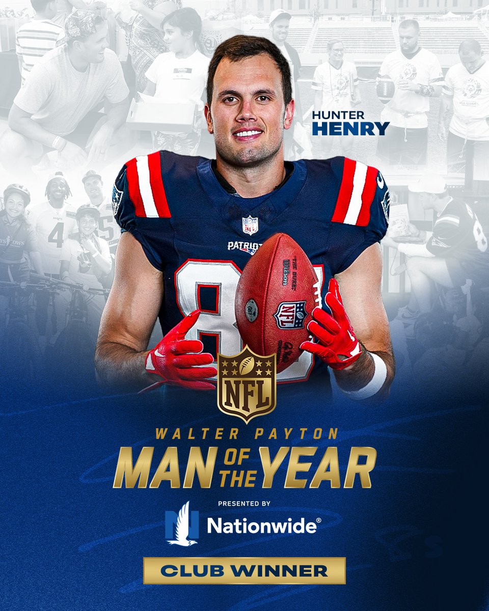 Patriots's tweet image. Congratulations @Hunter_Henry84, our 2025 Walter Payton Man of the Year club winner!

@Nationwide | #WPMOYChallenge
