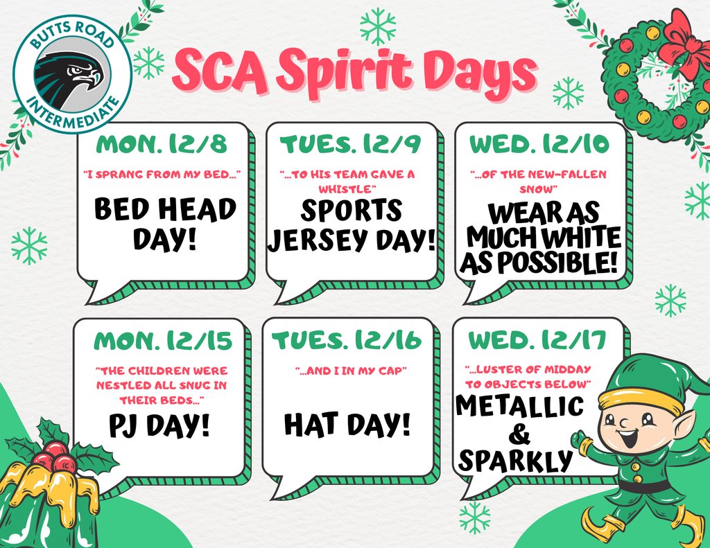 ButtsRoadInt's tweet photo. ‘Twas the Week Before Winter Break… and BRI's halls are about to get extra festive! Check out our upcoming Holiday Spirit Days and join us in celebrating the joy, wonder, and togetherness of the season.  #SOARingHighatBRI https://t.co/pdWgtWH4mQ