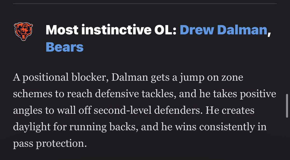 Bears_Dubz's tweet image. 5 #chicagoBears made @espn’s best players at their position list. QB Caleb Williams, OL Darnell wright OL Drew Dalman and OL Joe Thuney and S Kevin Byard