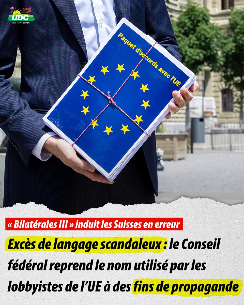 UDCch's tweet photo. Le Conseil fédéral cherche à induire la population en erreur : l'accord prévu avec l'UE n'est pas un traité bilatéral entre parties égales. La Suisse devra adopter le droit européen et les juges de l'UE auront le dernier mot. (1/2) https://t.co/z4vr9R4zCv