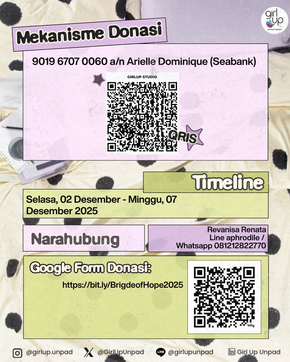 GirlUpUnpad's tweet photo. Setiap rupiah yang kamu berikan akan menjadi dukungan nyata agar mereka dapat tumbuh di lingkungan yang penuh kasih 💞

Timeline: 2–7 Desember 2025
Google Form Donasi: https://t.co/mVQa7jdIoq

Your small act can bring a big hope! ✨🌟 https://t.co/QmK9Fbemnd