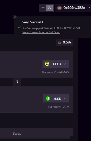HaroldM091's tweet photo. I’m taking part in the Mento Swap Sprint from Day 1. To start, I swapped the CELO/cUSD pair and the transaction confirmed smoothly. This first interaction gives me confidence to go deeper into the sprint’s next challenges and tasks. @MentoLabs https://t.co/Nghe3AWcsP