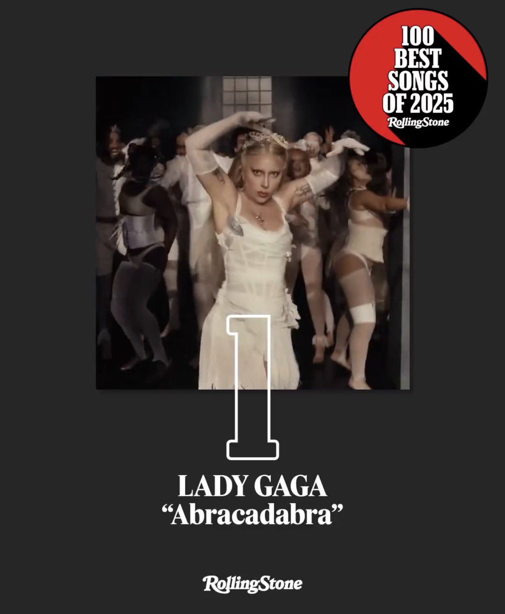 🚨 Le magazine Rolling Stone désigne Abracadabra de Lady Gaga comme la chanson numéro 1 de 2025.

« La chanson a connu un succès immédiat et est devenue l'hymne entêtant le plus incontournable de 2025.»
