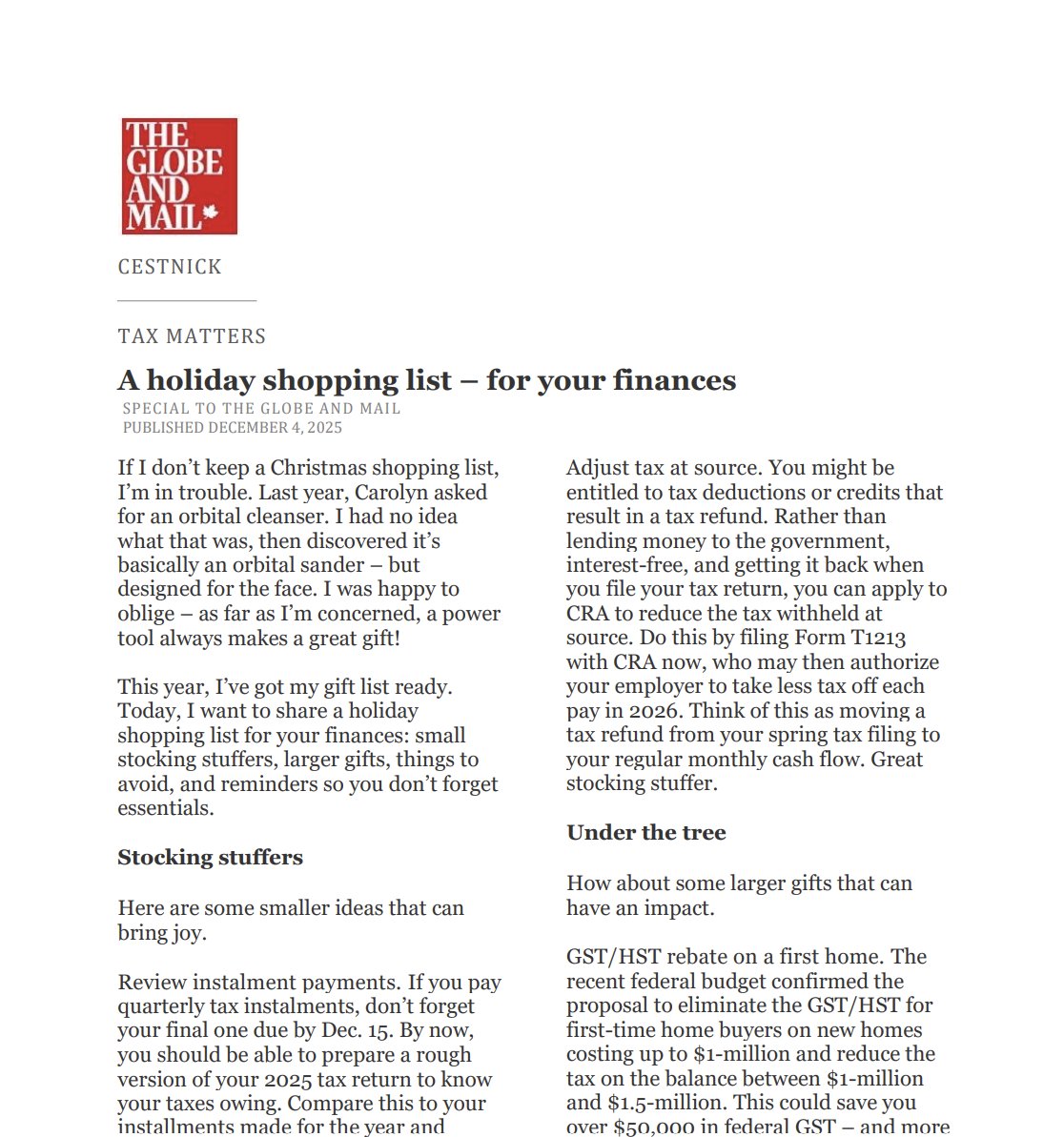 Our Co-Founder and CEO, Tim Cestnick, has written a recent piece in The Globe and Mail, "A holiday shopping list – for your finances." bit.ly/4phVtbA #taxmatters #finances #theglobeandmail #ourfamilyoffice