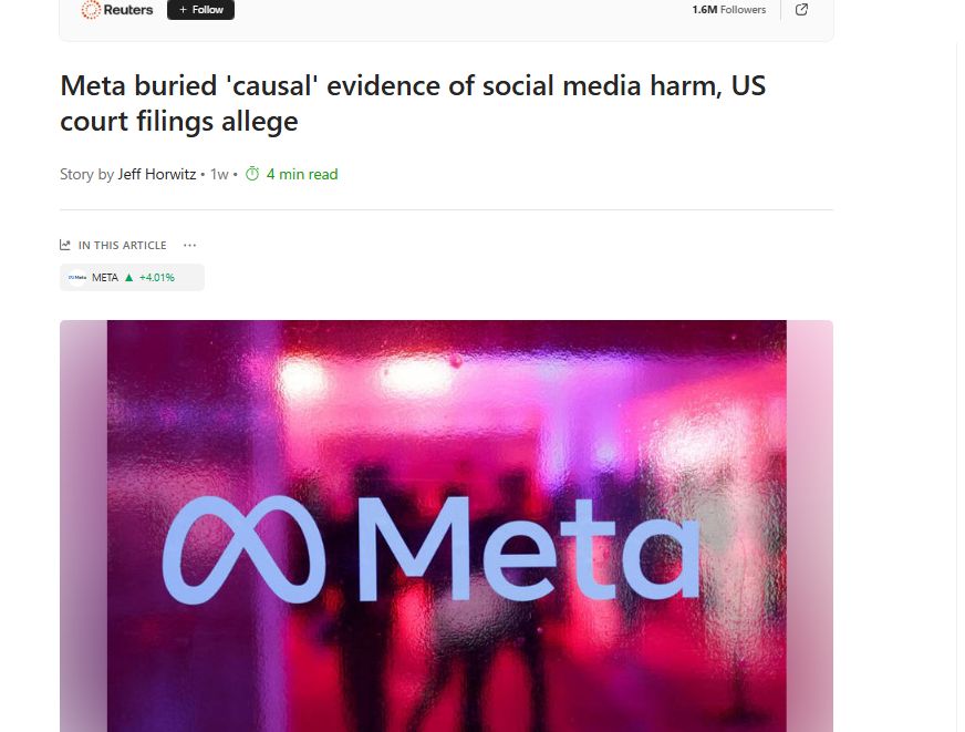 mmtchi's tweet image. Meta a enterré des preuves d&apos;effets négatifs sur la santé mentale de Facebook et Instagram

Un projet de 2020, Projet Mercury, étudiait l&apos;effet de désactiver Facebook et Instagram.
Le résultat? Les gens qui les arrêtaient 1 semaine ont eu moins de sentiments de dépression,…