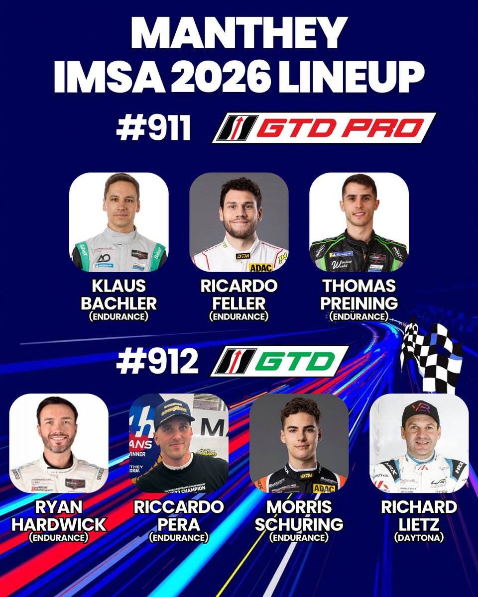 ESR_Sportscars's tweet image. Manthey announces the drivers for the IMSA Endurance races in 2026 with a strong lineup in both cars.

#911 GTD Pro
- Klaus Bachler
- Ricardo Feller
- Thomas Preining

#912 GTD
- @Ryanhardwck 
- Riccardo Pera
- Morris Schuring
- @RichardLietz (Daytona only)