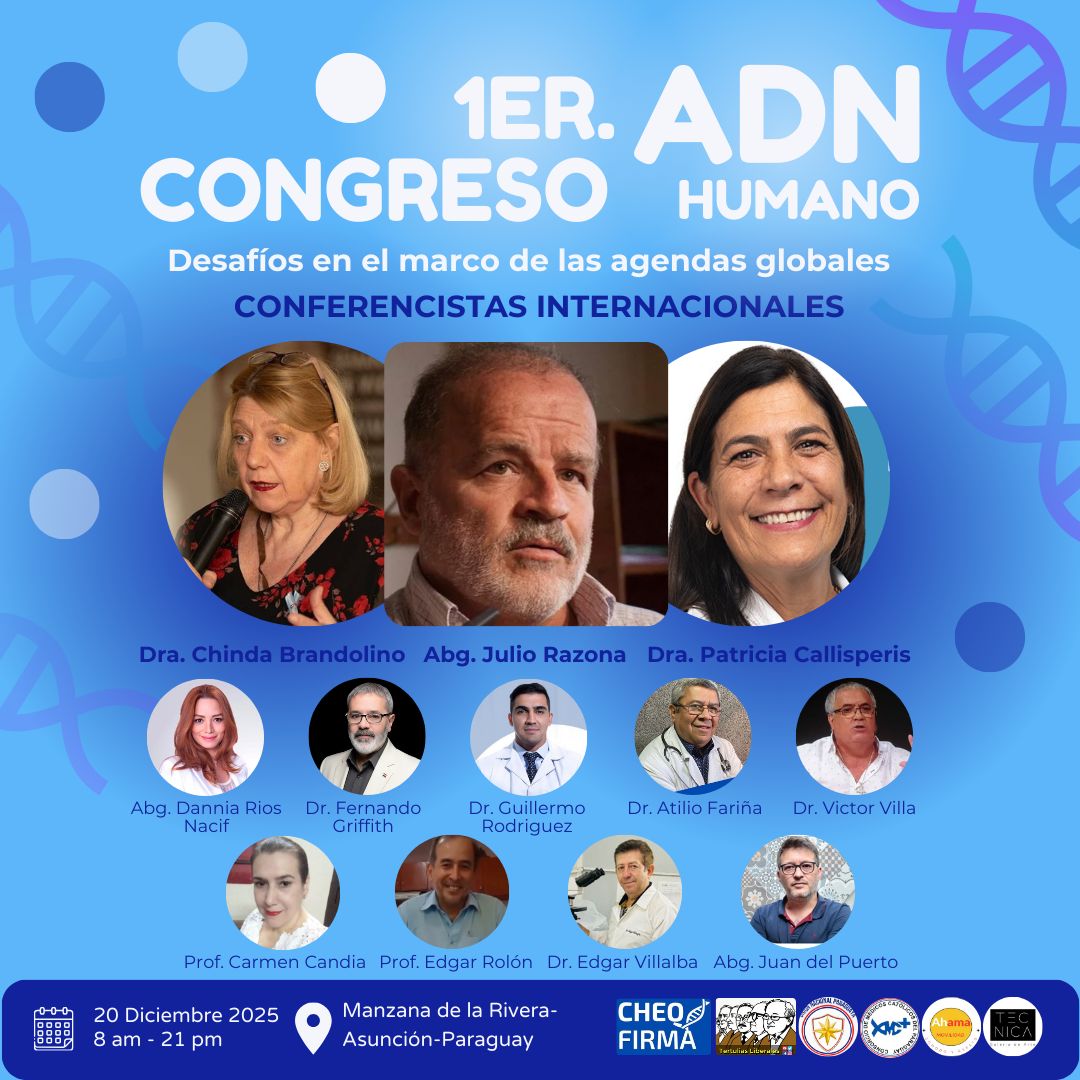 TertuliasLiber1's tweet photo. 🔵 *1ER. CONGRESO ADN HUMANO* 🧬

*Expositores Internacionales:*

🔹 Abg. Julio Razona
🔹 Dra. Chinda Brandolino
🔹 Dra. Patricia Callisperis 

*Expositores Nacionales:*

🔹 Abg. Dannia Ríos Nacif
🔹 Dr. Fernando Griffith
🔹 Dr. Guillermo Rodríguez
🔹 Dr. Atilio Fariña
🔹 Dr. Vìctor Villa
🔹 Prof. Carmen Candia
🔹 Prof. Edgar Rolón 
🔹 Dr. Edgar Villagra
🔹 Abg. Juan Del Puerto

*Fecha:* 20 | 12
*Hora:* 8:00 a 21:00 hs
*Lugar:* Manzana de la Rivera, Asunción, Paraguay

*Información y Adquisición de Entradas:* https://t.co/eK4KdBALCZ