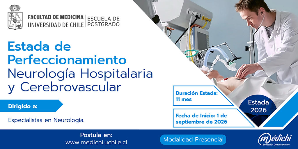 🧠 Eleva tu especialización con la Estada de Perfeccionamiento en Neurología Hospitalaria y Cerebrovascular. Fortalece tus competencias para el diagnóstico y manejo de trastornos neurológicos agudos.

Postula aquí: medichi.uchile.cl/estada-de-perf…