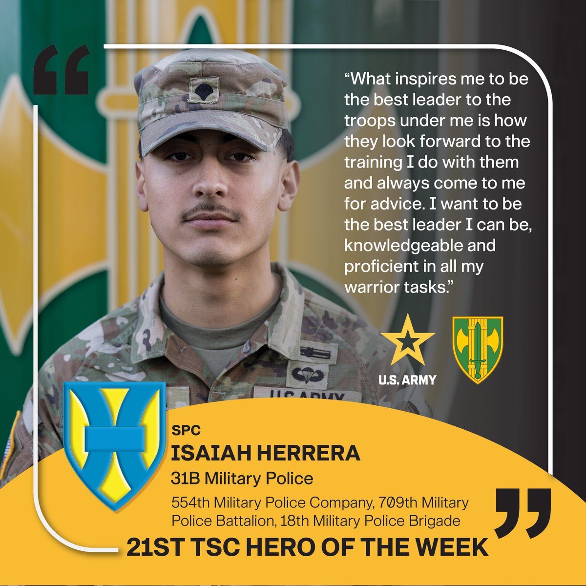 Meet Spc. Isaiah Herrera, a 31B Military Police Soldier with 18th Military Police Brigade. Herrera earned a spot in the 18th MP best squad competition and proceeded to win both the 18th MP and 21st TSC BSC, alongside his squad. He also recently earned his expert soldier badge. https://t.co/e5atWyoah6