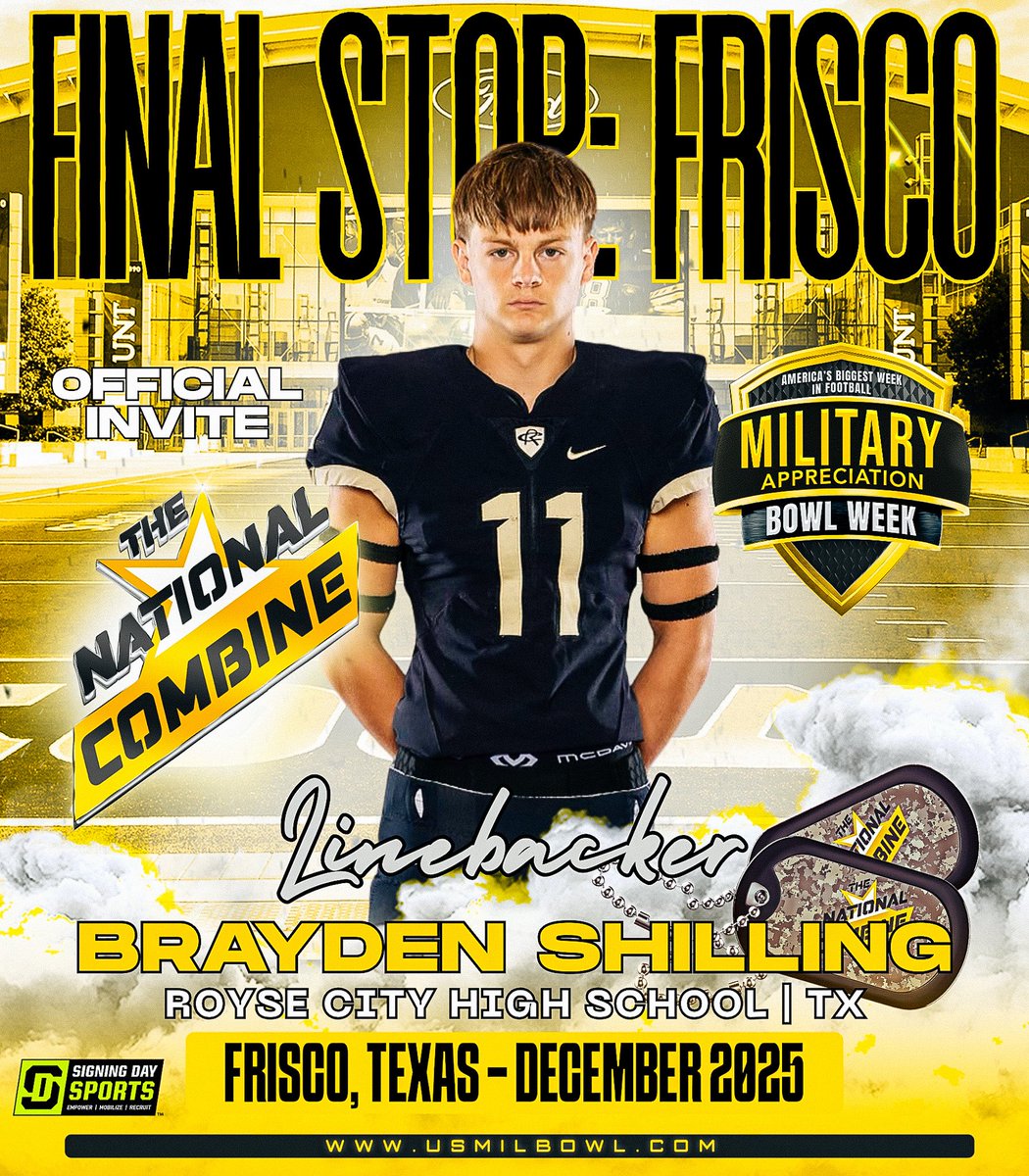 Thank you <a href="/GregCooperUSA/">Sr. Nat’l Director | Military Appreciation Bowl</a>  for my official invite to The National Combine. 
<a href="/CoachColvin7/">Andrew Colvin</a> <a href="/CoachJudie5372/">Coach Judie</a> <a href="/PeterJinkens/">Coach Jinkens</a> <a href="/Coach_Owens5/">Radarius Owens (Coach 🅾️)</a>