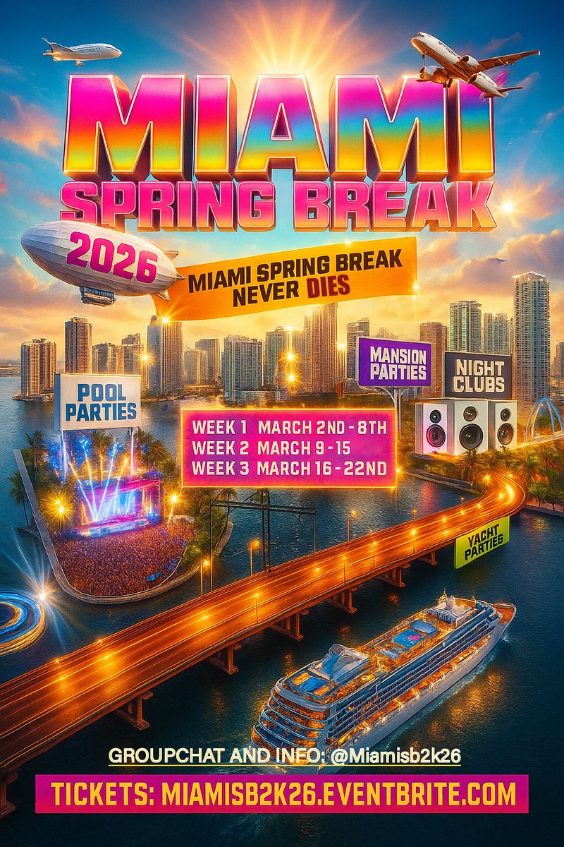 MIAMISB2k26's tweet image. MIAMI SPRING BREAK IS BACK!

Follow our Instagram page 
Instagram.com/miamisb2k26

Tickets: miamisb2k26.eventbrite.com