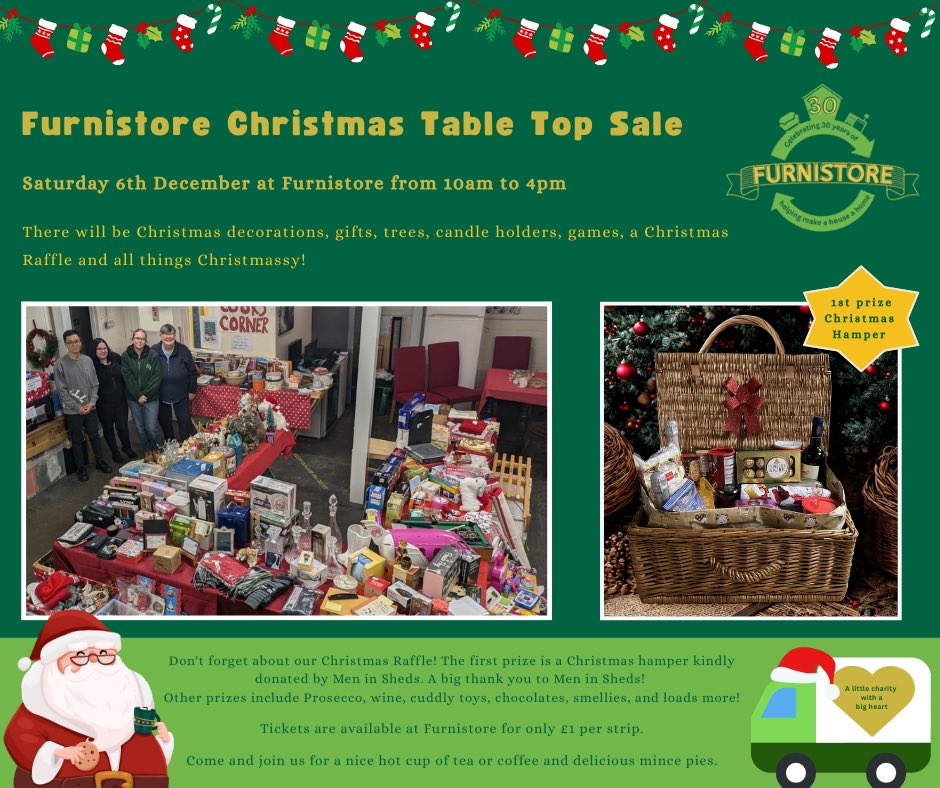 🎄Furnistore Christmas Table Top Sale🎄 

Saturday 6th December from 10am to 4pm at #Furnistore! 🌟

Don’t forget about our Christmas Raffle! 
1st prize is a Christmas hamper kindly donated by Men in Sheds! 🎁💚
 
We hope to see you there!🙂