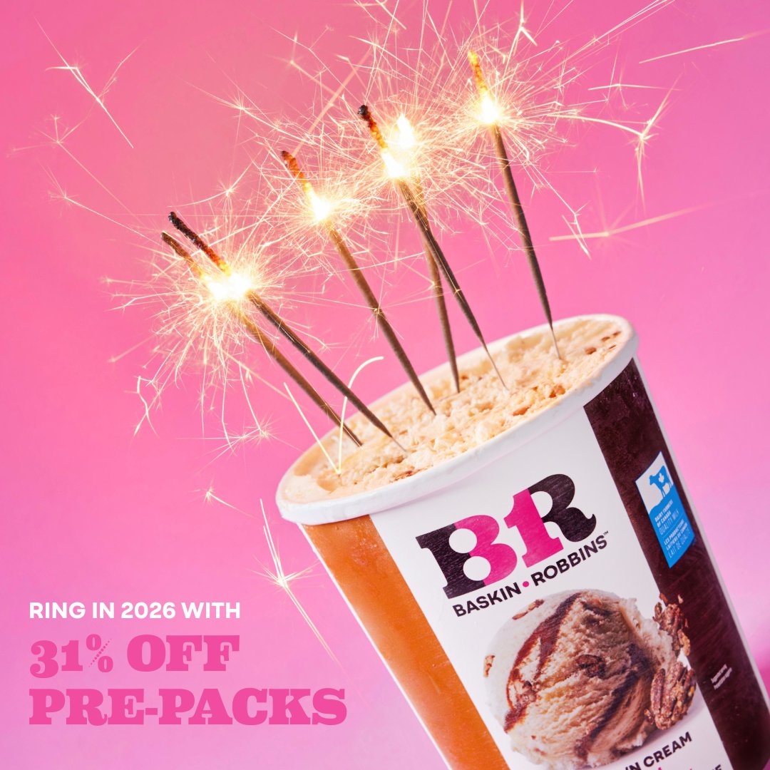 Celebrate 31 on December 31st only at Baskin-Robbins®! 🎉🍦
Ring in 2026 with 31% off our fan-fave pre-pack flavours, the perfect way to toast our 31-flavour lineup.
Grab your pre-pack, share with friends, and tag someone who needs a sweet New Year treat! ❤️