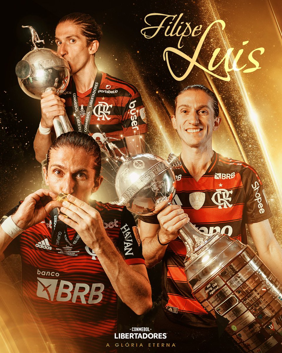 LibertadoresBR's tweet photo. ❤️🖤 Simplesmente Filipe Luis, do campo ao banco com o @Flamengo e a #GloriaEterna!

⭐️ 2019 ⭐️ 2022 ⭐️ 2025 https://t.co/Rd2XJQvvIN